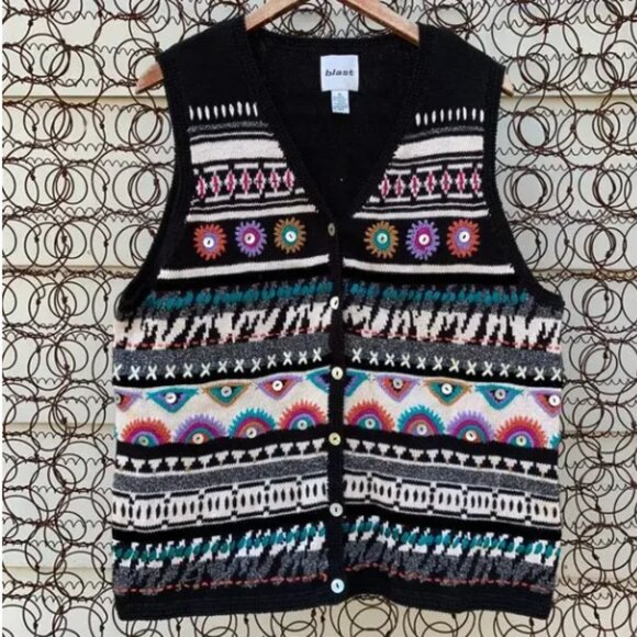 VTG 90s art deco sweater vest striped ribbon embroidery mother of pearl button - Picture 1 of 6